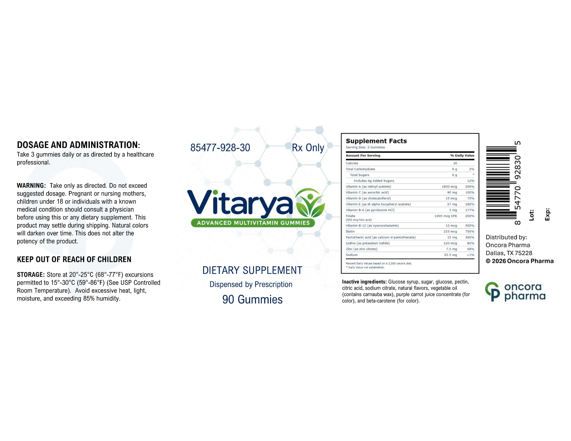 Vitarya multivitamin gummies label with supplement facts and NDC 85477-928-30