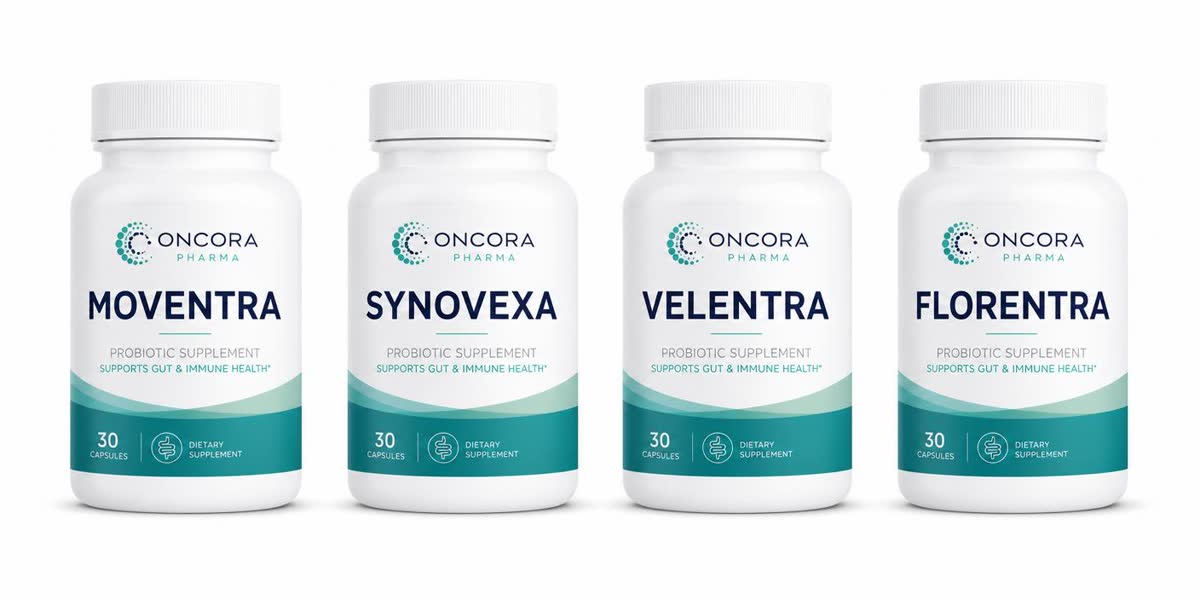 Moventra, Synovexa, Velentra, Florentra probiotic bottles
